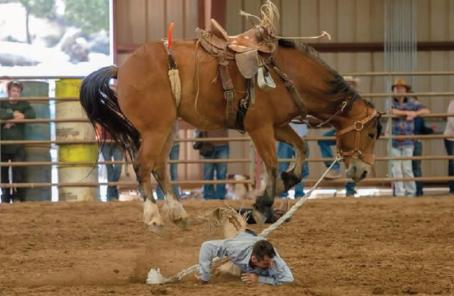 Horse in mid-air over rider, Ranchers Day Rodeo, Photo credit: Photos by MIKE